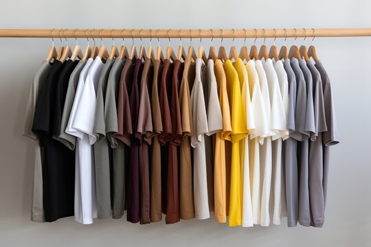 Row of shirts in various colors hanging on a rack against a neutral background